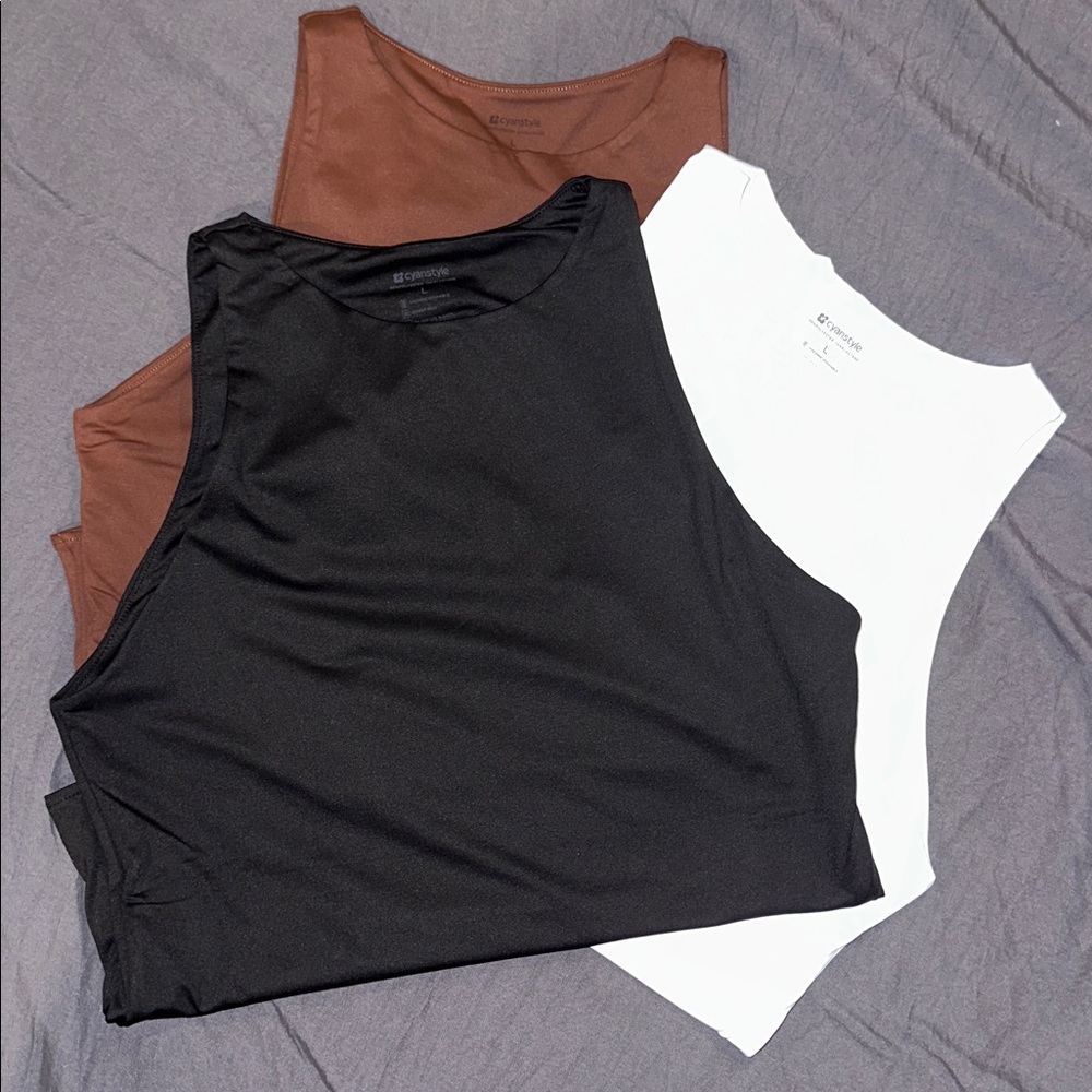 Set of Three Sleeveless Tops in Black, Brown, and White